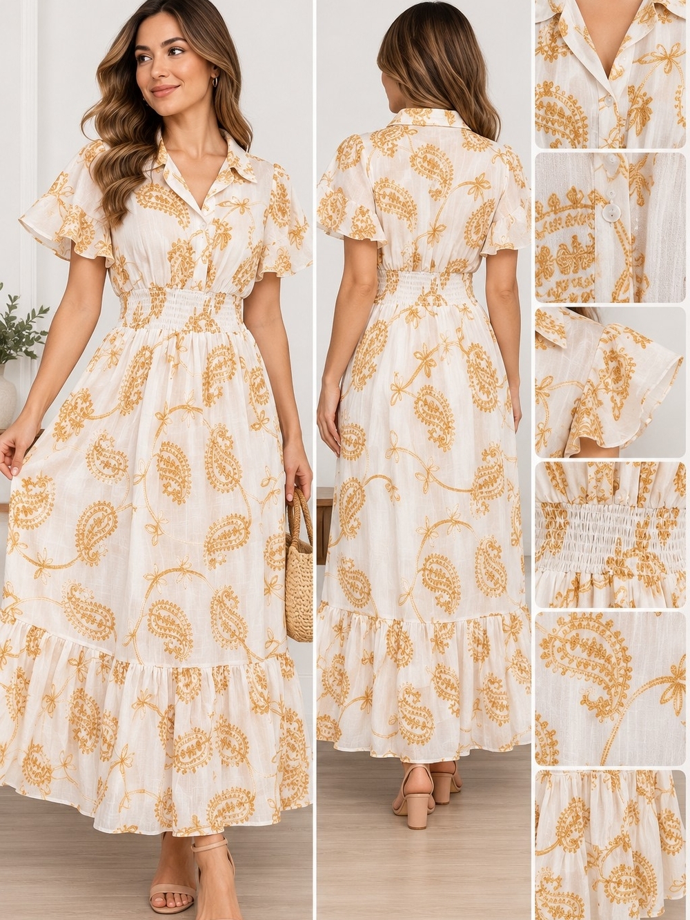 Smocked Paisley Collared Maxi Dress in White & Mustard